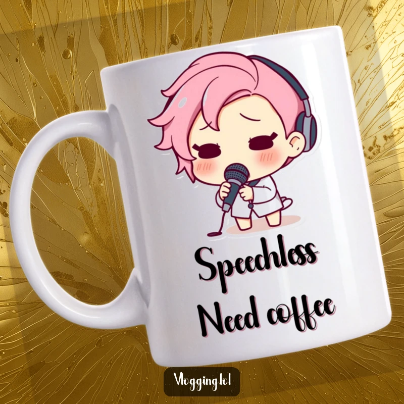 Funny mug showing a surprised character letting go of a microphone in utter shock and disbelief.