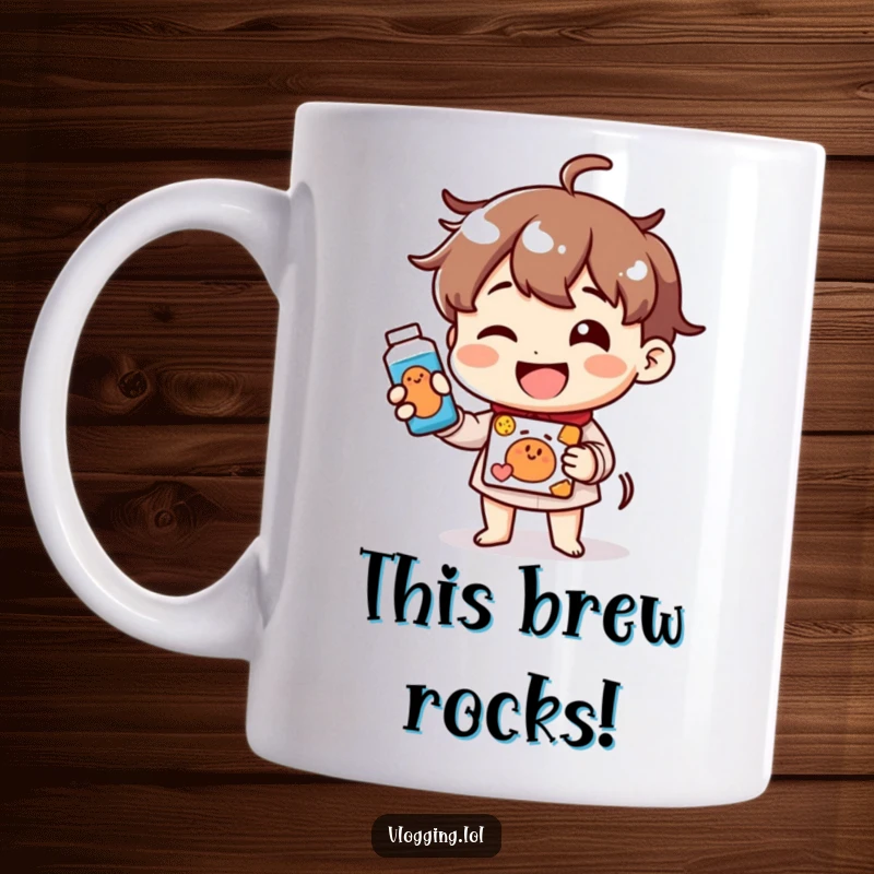 Funny mug featuring a cheerful character happily demonstrating a generic product with a big, inviting smile, perfect for fans.
