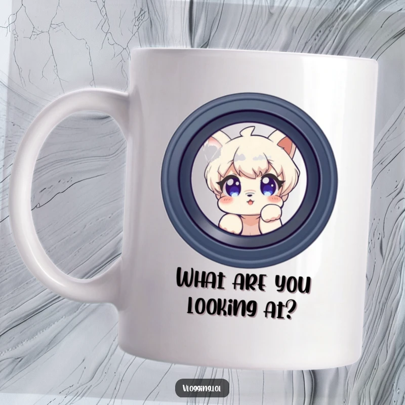Funny mug showing a curious character peeking playfully into the camera lens, a humorous design for photo lovers.