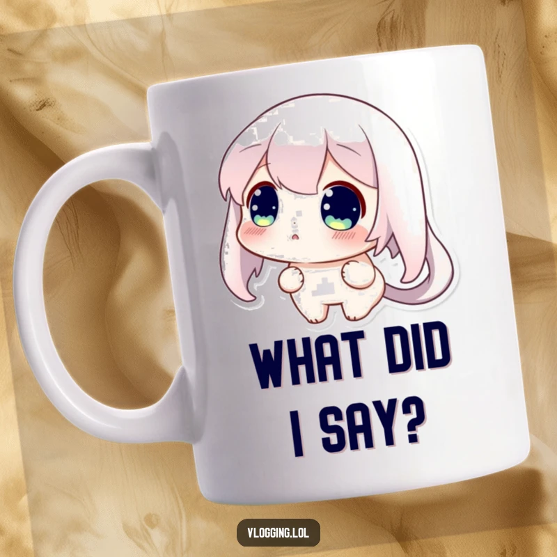 Funny mug with a curious character showing a surprised expression while looking intently at their computer screen.