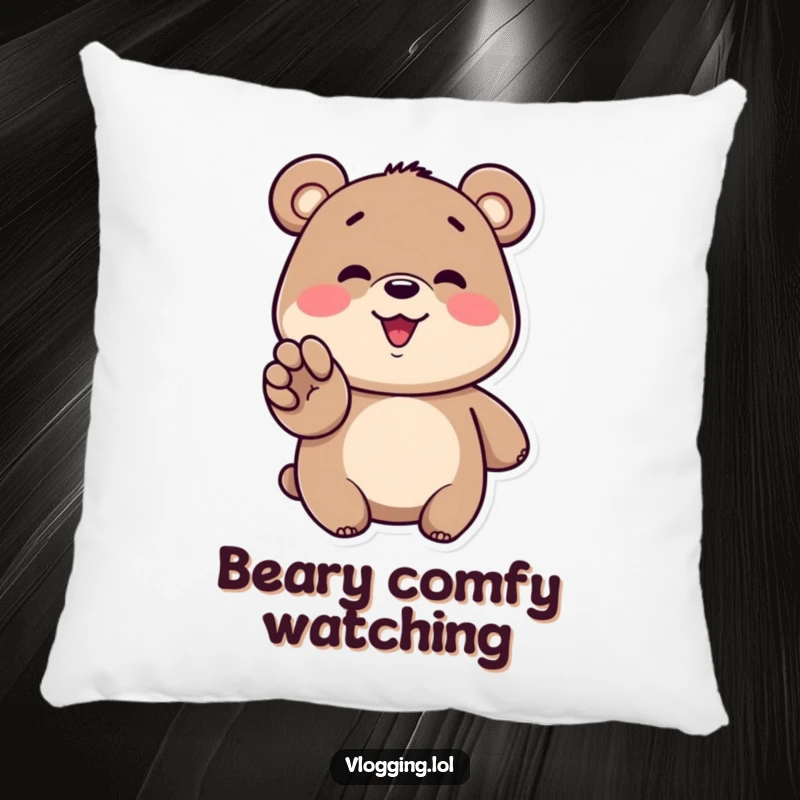 Funny bear pillow featuring a happy bear gesturing enthusiastically towards a screen with a wide smile, great for cozy spaces.