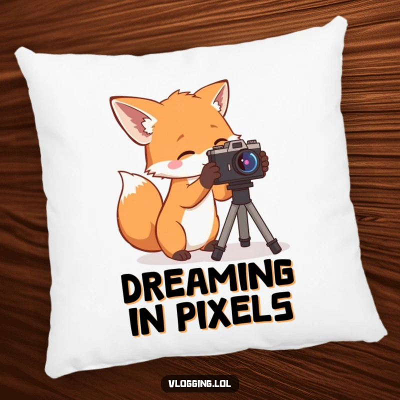 Funny Pillow: A curious fox with a camera, offering comfort and artistic flair, a perfect funny gift.