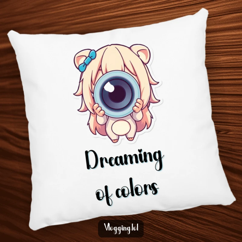 Funny pillow design shows a character with a wide smile holding out a vibrant, multi-colored object, radiating warmth and generosity.