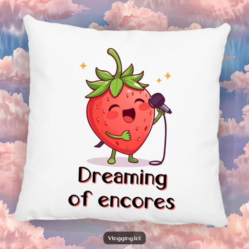 Funny strawberry singer pillow: A happy strawberry holding a tiny microphone, performing with energy on a stage. Great funny gift.