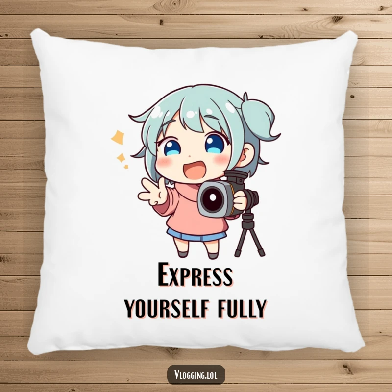Funny pillow with a happy character making bold hand gestures while passionately addressing a camera.