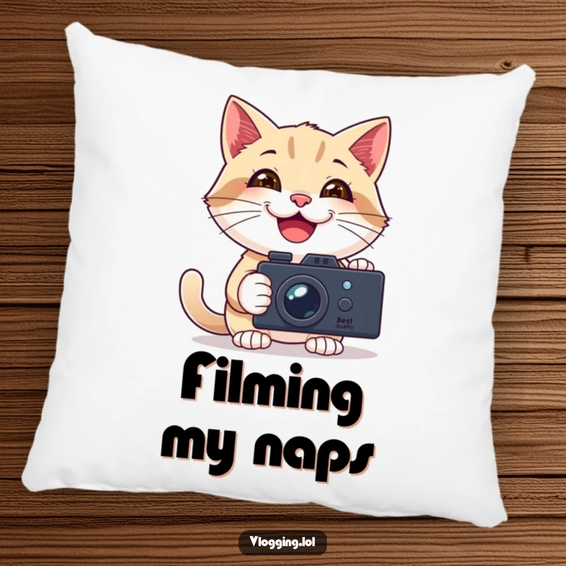 Funny pillow featuring a happy cat filming itself with a camera, bringing a sense of joy and creative comfort.