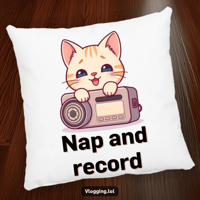 Funny cat pillow featuring a curious feline peeking around a recording device with delight, great for creative spaces.