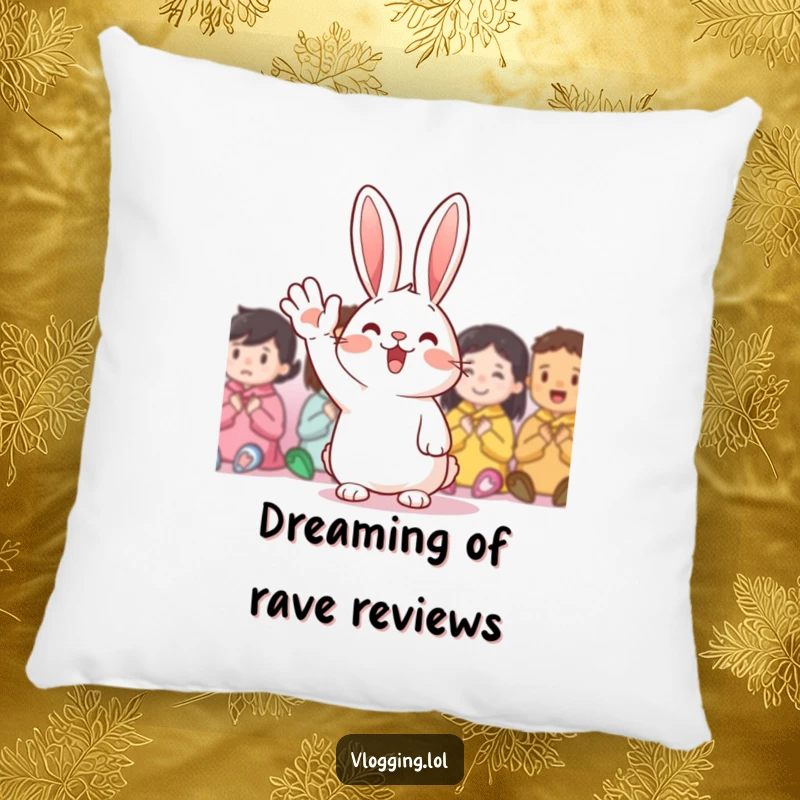 Funny Pillow: A cheerful rabbit waving with pure joy, offering comfort and happiness, an adorable funny gift for relaxation.