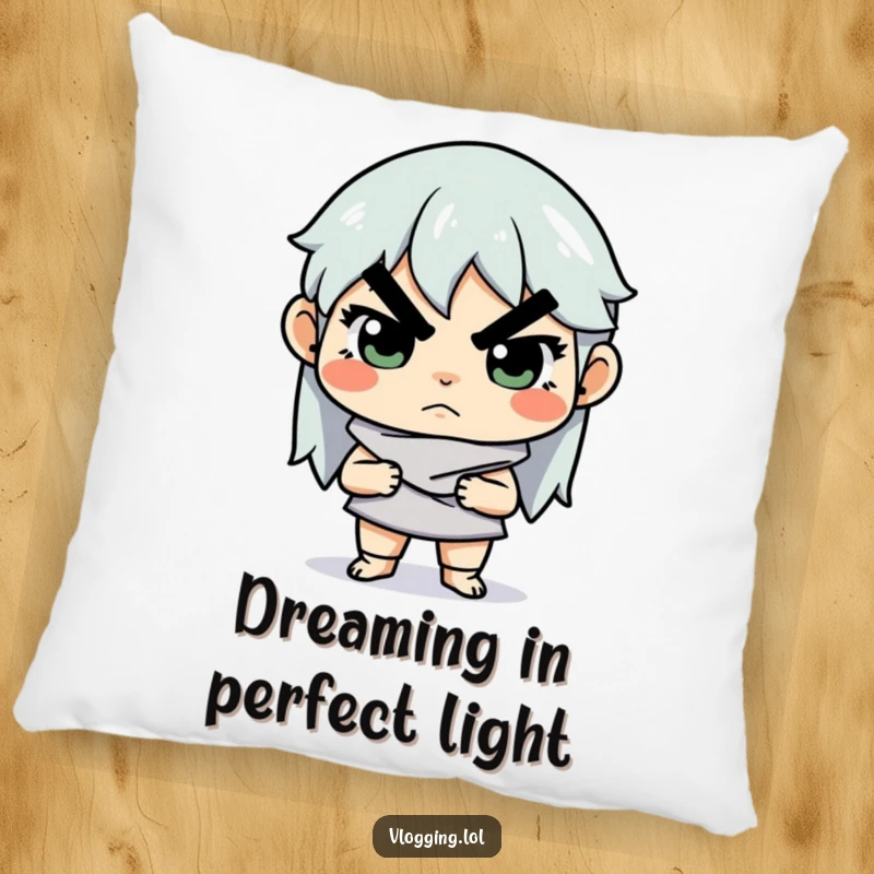 Funny pillow featuring a determined creator intensely focused on adjusting lighting, offering comfort and a humorous nod to the artistic process.