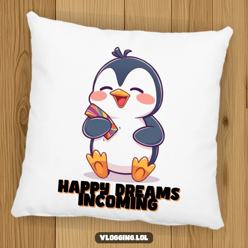 Funny pillow showcasing a giggling penguin excitedly displaying a colorful item, providing humorous comfort and a cheerful, heartwarming accent.