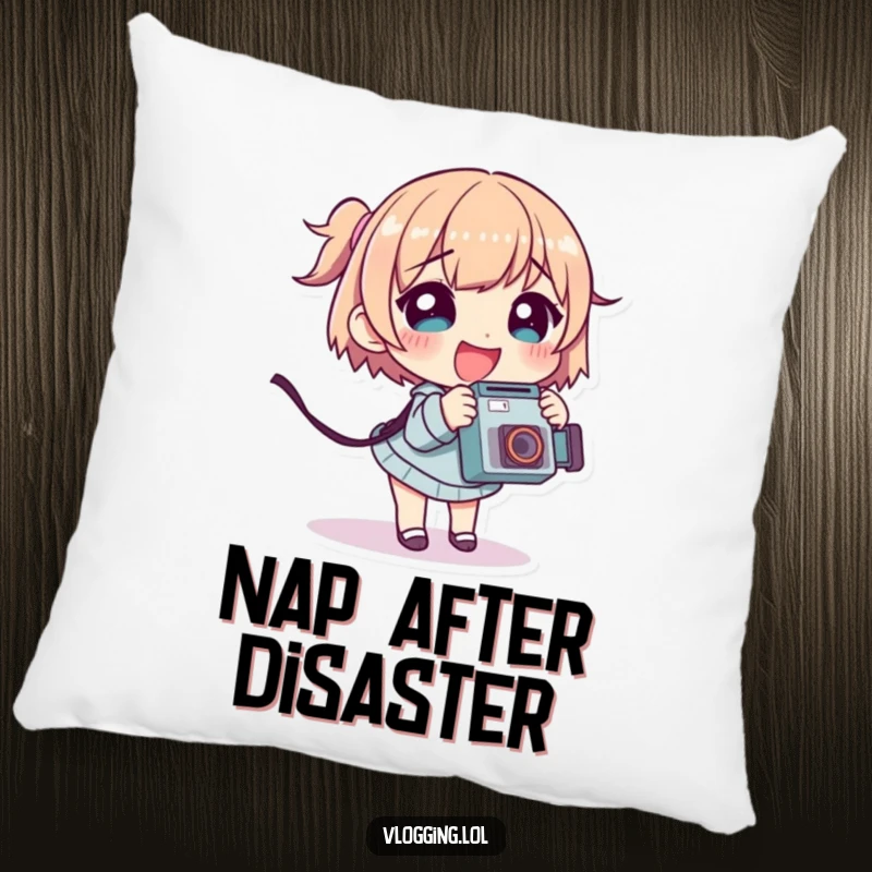 Funny pillow featuring a giggling character tripping slightly while holding a camera, symbolizing the playful side of photography.