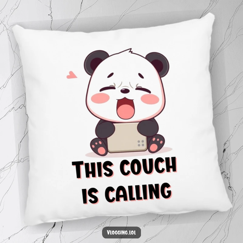 Funny pillow with a tired panda yawning widely in front of a digital device, offering comfort and a humorous, sleepy vibe.
