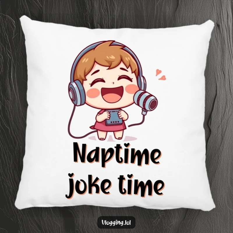 Funny pillow showcasing a cheerful character laughing heartily while holding and speaking into a recording device.