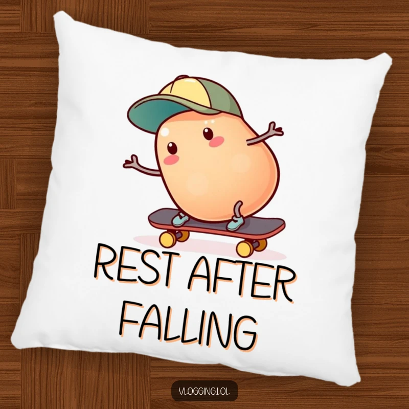 Funny jelly bean skater pillow: A wobbly jelly bean with a cap looks surprised as it falls off a skateboard. Great funny gift.