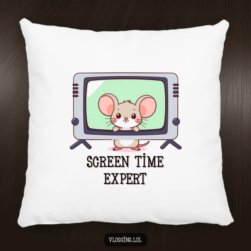 Funny shy mouse peeking from behind a huge video game screen on a plush pillow, for ultimate comfort.