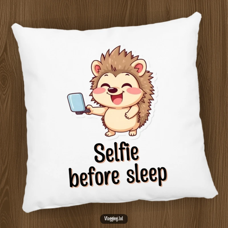 Funny decorative pillow with a giggling hedgehog smiling widely while holding a selfie stick, adding humorous social decor.
