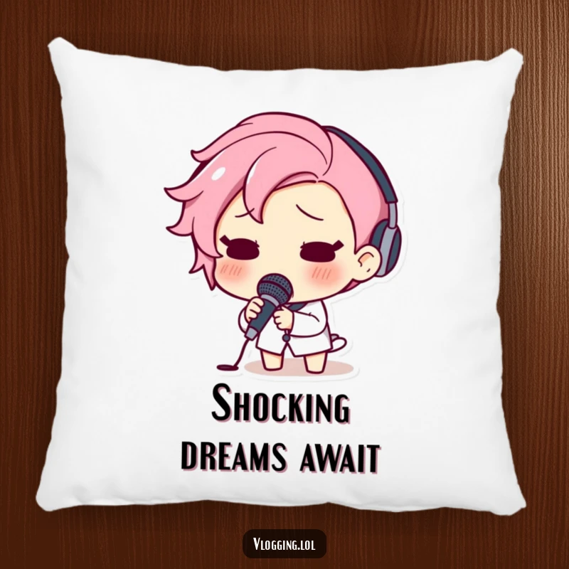 Funny pillow showing a surprised character letting go of a microphone, their expression conveying utter astonishment.