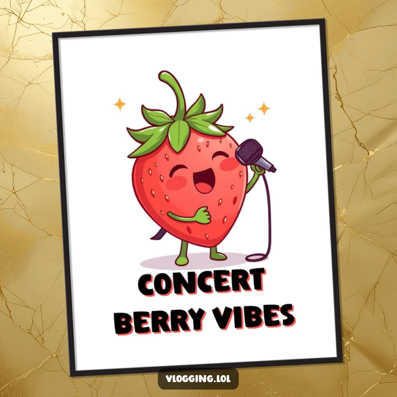 Funny strawberry singer digital art: A happy strawberry with a tiny microphone, performing energetically on a concert stage. Perfect funny gift.