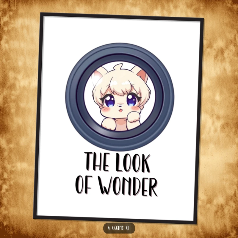 Funny digital art print of a curious character peeking into a camera lens, a humorous piece for photo-themed spaces.