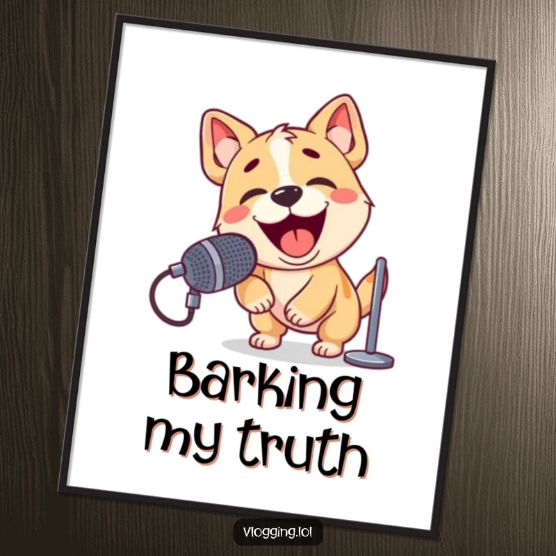 Funny digital art print of a playful dog energetically barking into a microphone, exuding passion and enthusiasm.