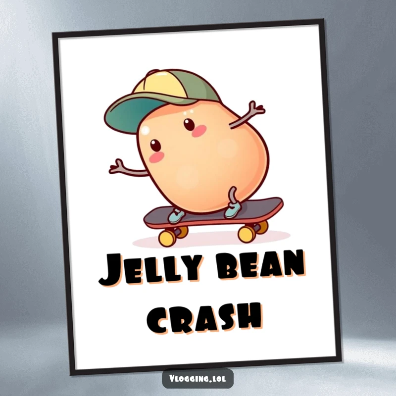 Funny jelly bean skater digital art: A surprised jelly bean wearing a cap tumbles off a skateboard, creating a humorous scene. Perfect funny gift.