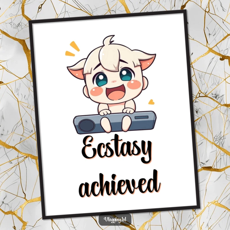 Funny digital art print of a character showing extreme, exaggerated joy and excitement, capturing pure happiness.