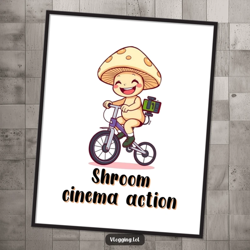 Funny mushroom unicyclist digital art: A grinning mushroom riding a unicycle while filming, creating a whimsical and humorous scene. Perfect funny gift.