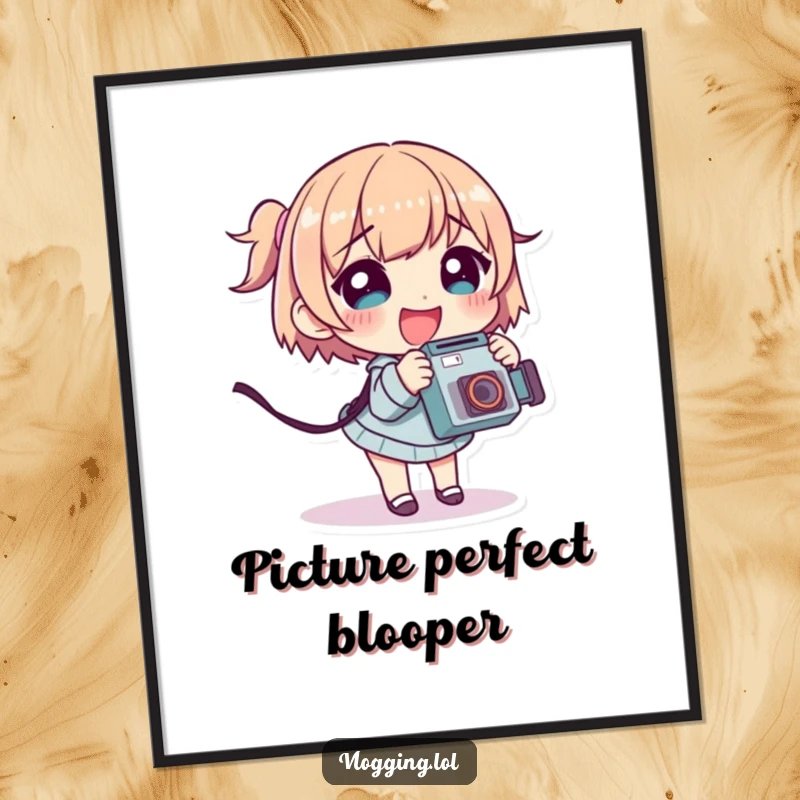 Funny digital art print of a giggling character tripping slightly while holding a camera, embodying playful photography.