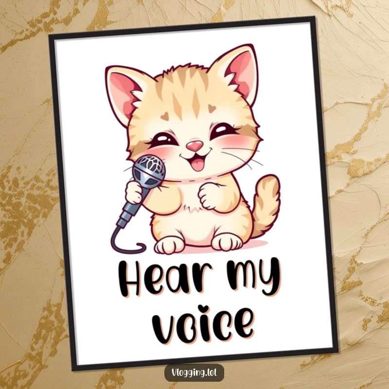 Funny Kitten Digital Art showing a giggling kitten holding a shiny microphone, ready to perform. Instant printable art for a cheerful space.