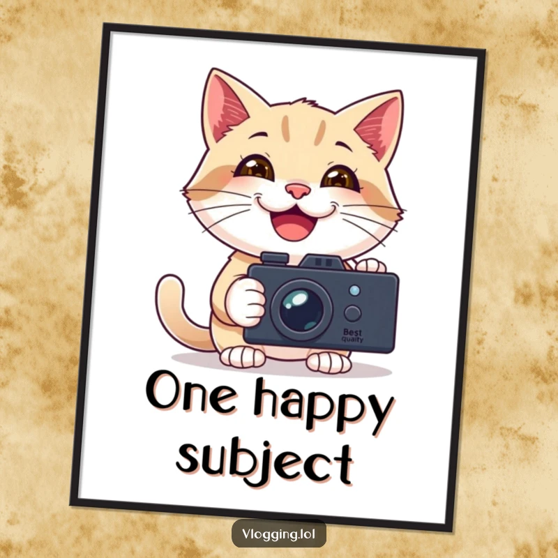 Funny digital art print of a happy cat smiling widely while filming itself with a handheld camera, ready for content.