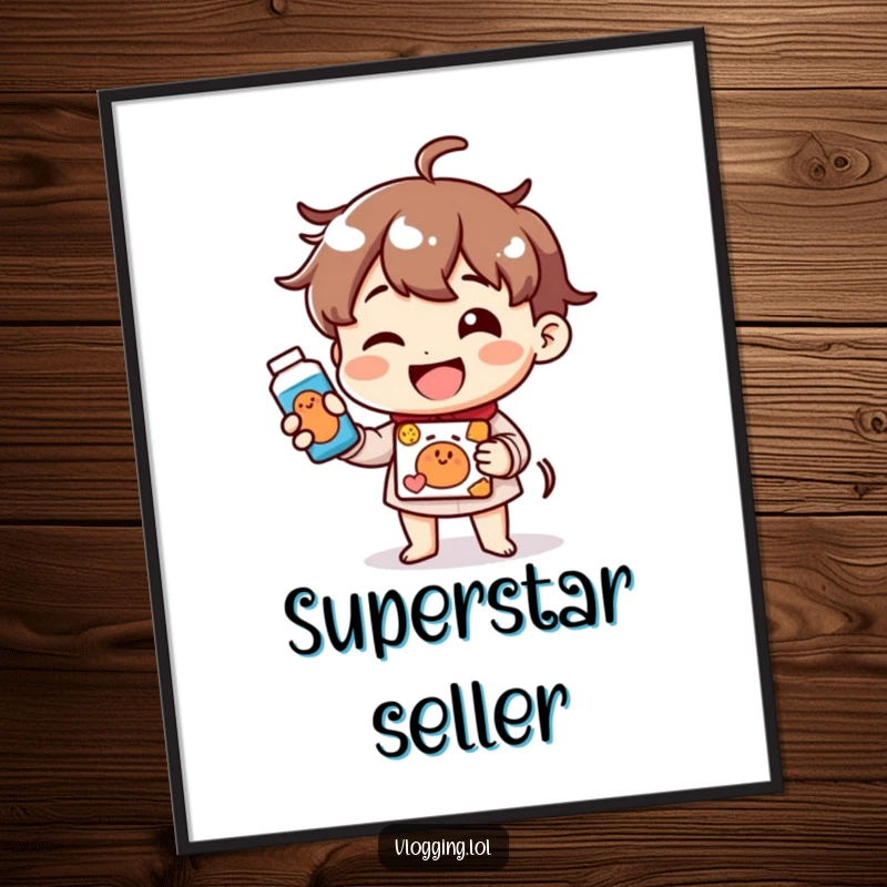 Funny digital art print of a cheerful character with a big smile demonstrating a product, radiating positivity and helpfulness.