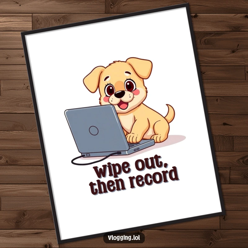 Funny digital art print of a surprised puppy tripping over a laptop while vlogging, offering instant humorous creator decor.