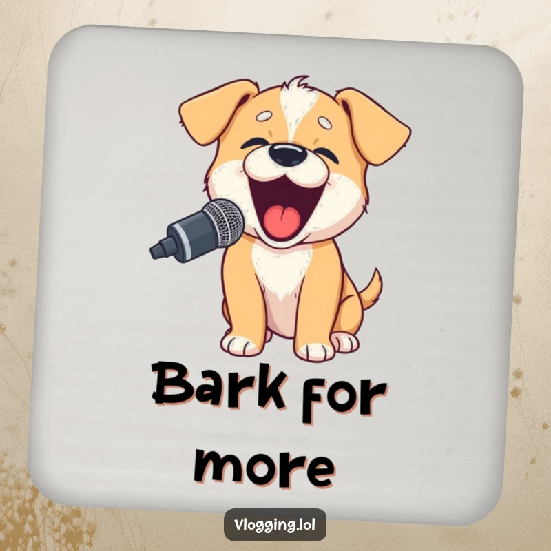 Funny puppy coaster depicting an excited puppy barking into a microphone, perfect for playful surfaces.