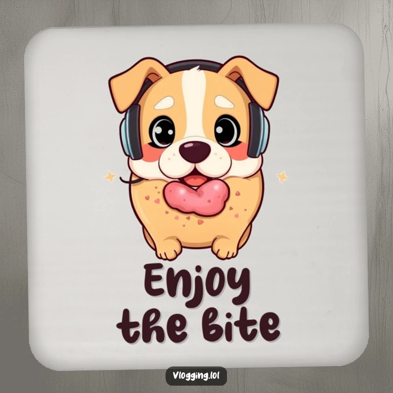 Funny bagel dog coaster: A surprised bagel with headphones about to be eaten by a playful dog, protecting your surfaces. Wonderful funny gift.