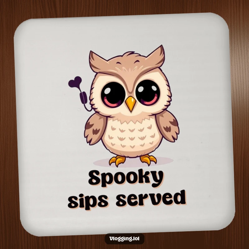 Funny owl drink coaster showing a joyful owl with wide eyes recording a spooky sound, protecting surfaces.
