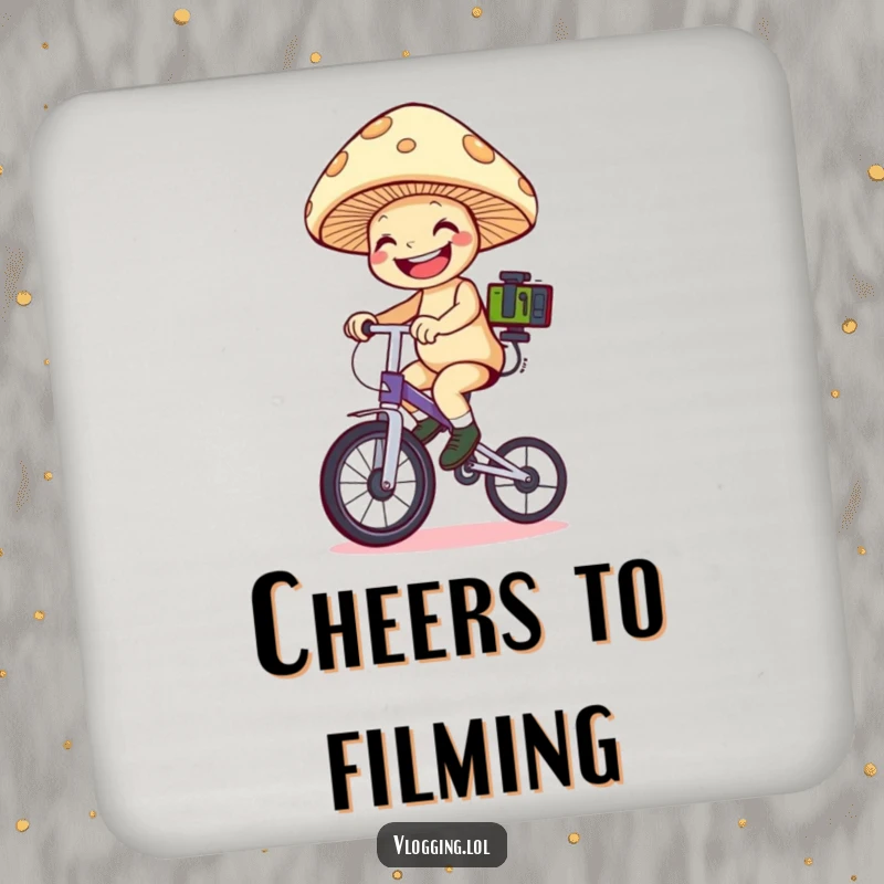 Funny mushroom unicyclist coaster: A grinning mushroom on a unicycle holds filming gear, protecting your surfaces. Wonderful funny gift.