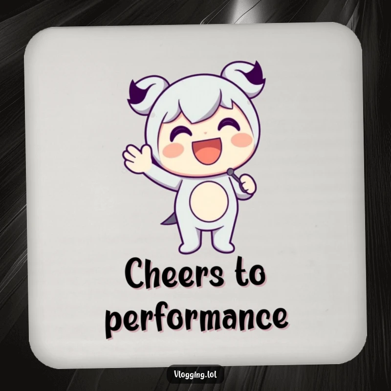 Funny drink coaster featuring a happy character holding a microphone and waving enthusiastically, celebrating performance and talent.
