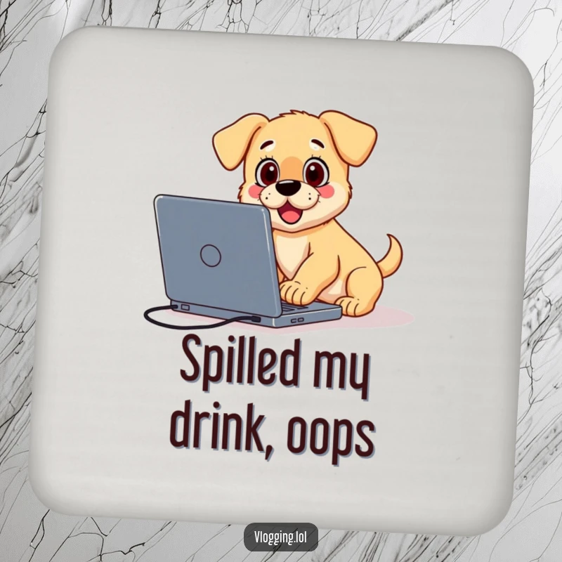 Funny drink coaster featuring a surprised puppy tripping over a laptop while vlogging, protecting surfaces with creator humor.