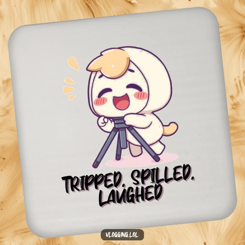 Funny drink coasters showing a giggling character tripping over a camera tripod, perfect for creative spaces.