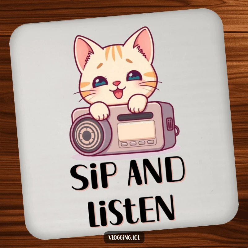 Funny cat coaster depicting a curious feline peeking around a recording device with delight, perfect for creative spaces.