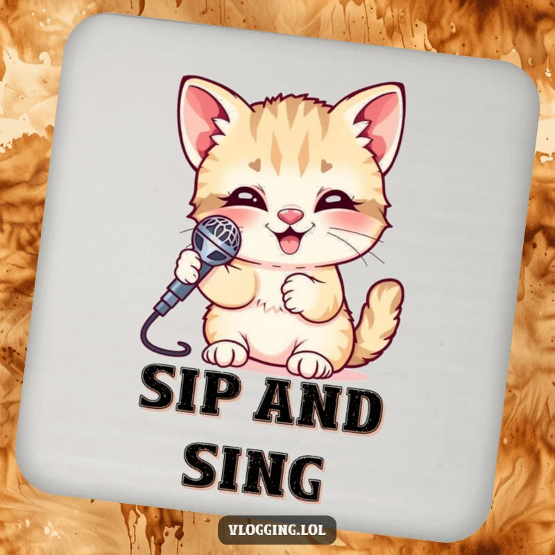 Funny Kitten Coaster showcasing a giggling kitten holding a shiny microphone. Protects surfaces with musical charm and humor.