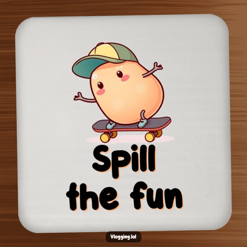 Funny jelly bean skater coaster: A wobbly jelly bean wearing a cap falls off a skateboard, protecting your surfaces. Wonderful funny gift.