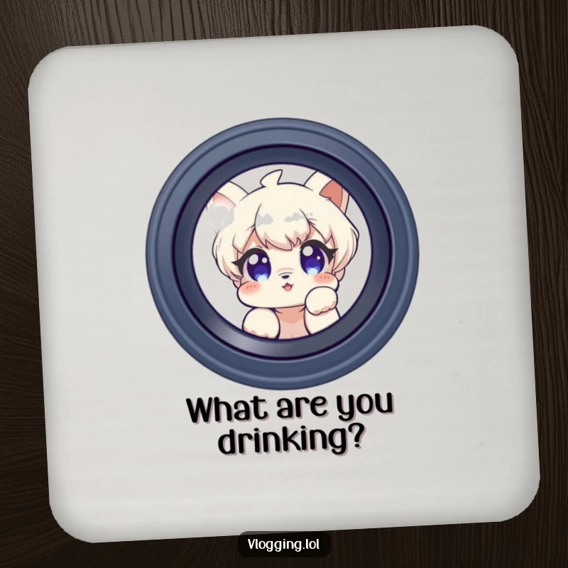 Funny drink coaster with a curious character peeking into a camera lens, a humorous accessory for tables.