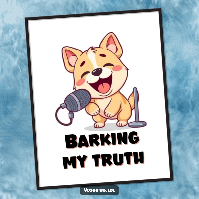 Funny poster art of a playful dog energetically barking into a microphone, conveying passion and enthusiasm.