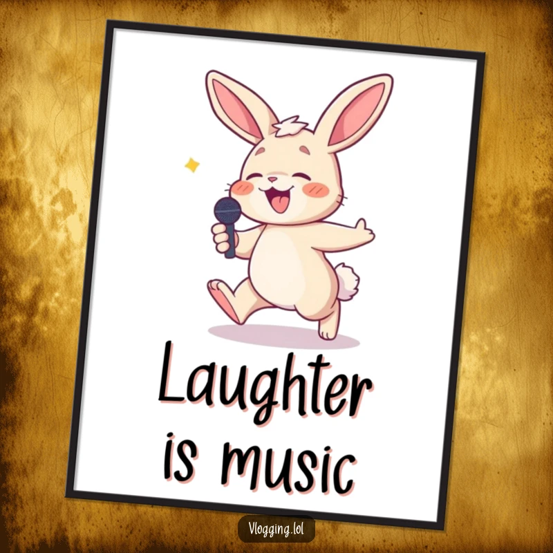 Funny poster capturing a comical bunny mid-trip while holding a microphone, mid-laugh, creating a humorous focal point.