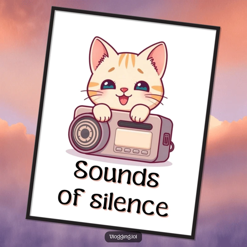 Funny cat poster showing a curious cat peeking around a recording device with wide, delighted eyes, perfect for studios.