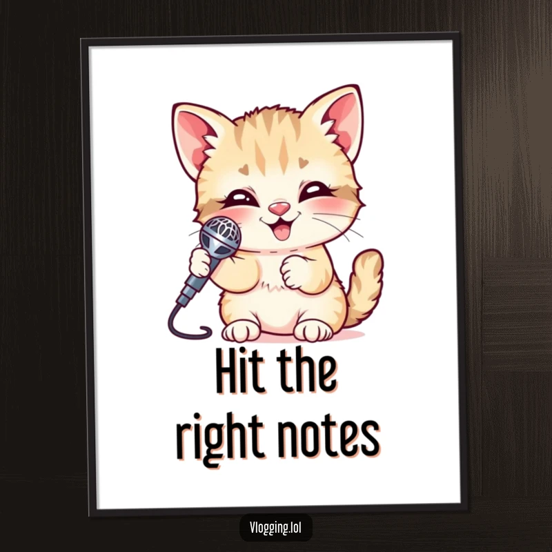Funny Kitten Poster depicting a giggling kitten holding a shiny microphone, ready for a concert. A delightful and humorous wall decor.