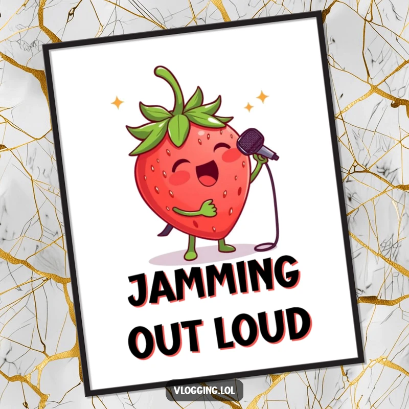 Funny strawberry singer poster: An animated strawberry with a microphone, captivating an audience at a lively concert. Ideal funny gift.