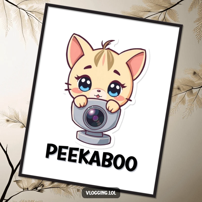 Funny poster art of a character with wide eyes peeking around a digital webcam, adding humor to decor.