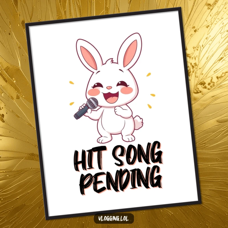 Funny bunny poster showing a cheerful rabbit holding a microphone with a wide smile, celebrating music and joy.